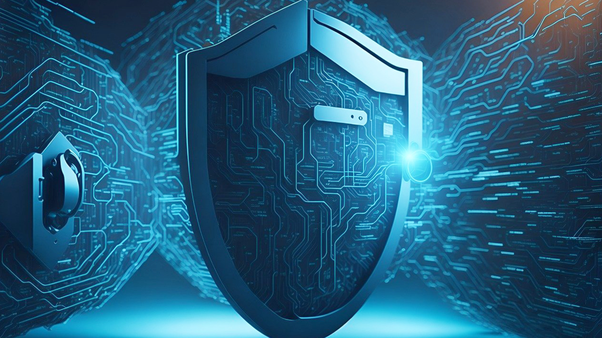 futuristisches Schild als Symbol für Verteidigung gegen Cyberangriffe