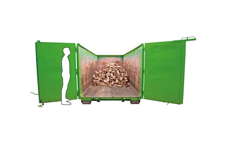 30 cbm Container geöffnet im Vergleich zu einer Person von vorne